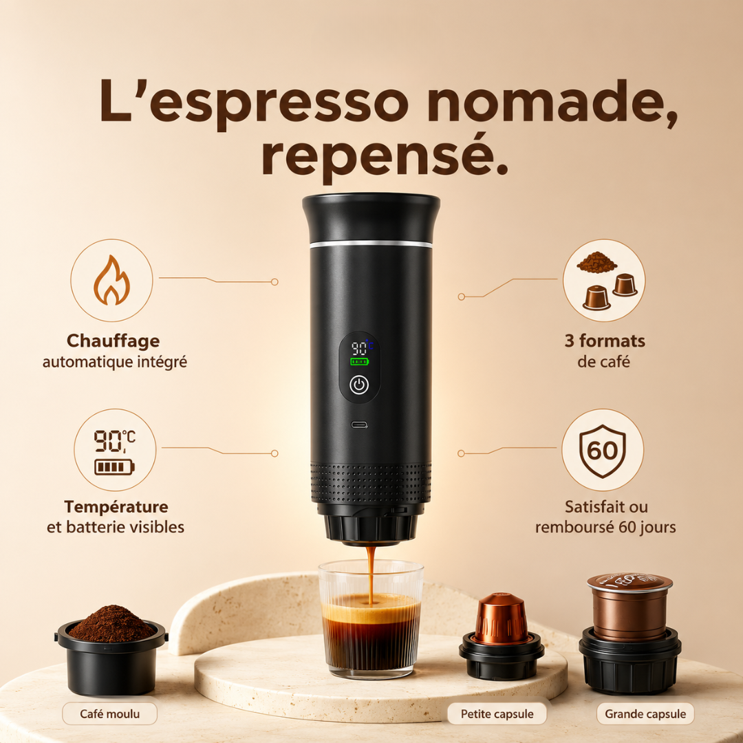 Koffe One — Machine à espresso portable auto-chauffante.