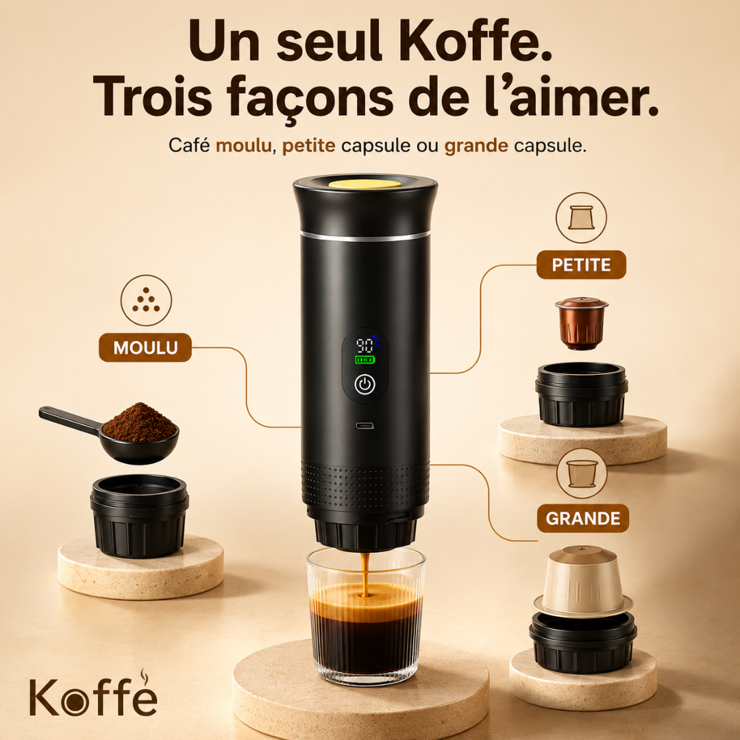 Koffe One — Machine à espresso portable auto-chauffante.